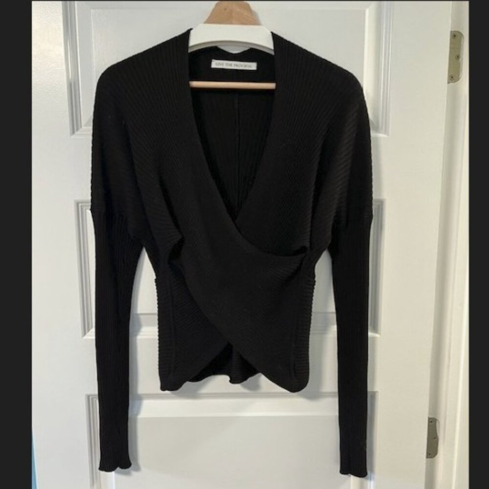 Live the Process Ribbed Knit Faux Wrap Sweater in Black